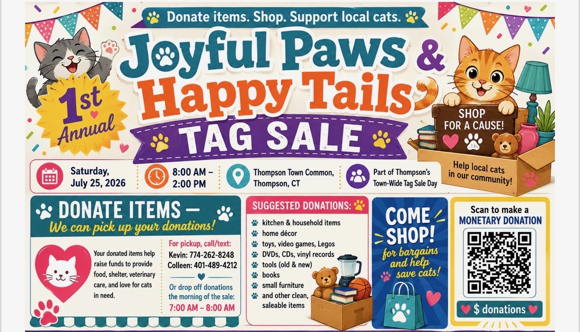 Joyful Paws & Happy Tails 1st Annual Tag Sale flyer — Saturday, July 25, 2026, 8am–2pm, Thompson Town Common