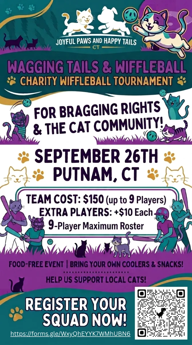Wagging Tails & Wiffleball charity tournament flyer — Saturday, September 26, 2026, 9am, Putnam, CT